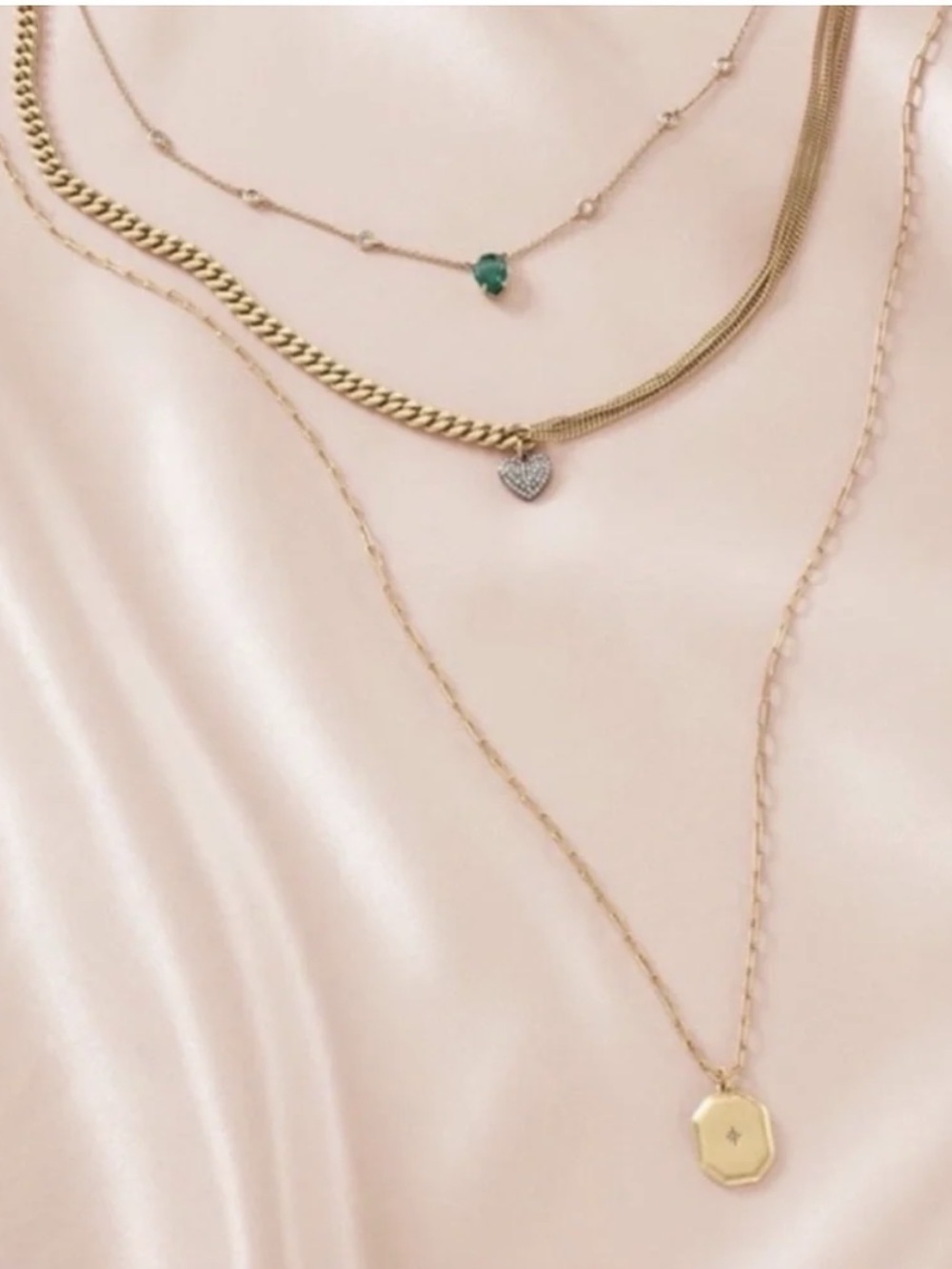 Stella & Dot Prelayered Multi Chain Necklace Gold with Heart & Green Stone